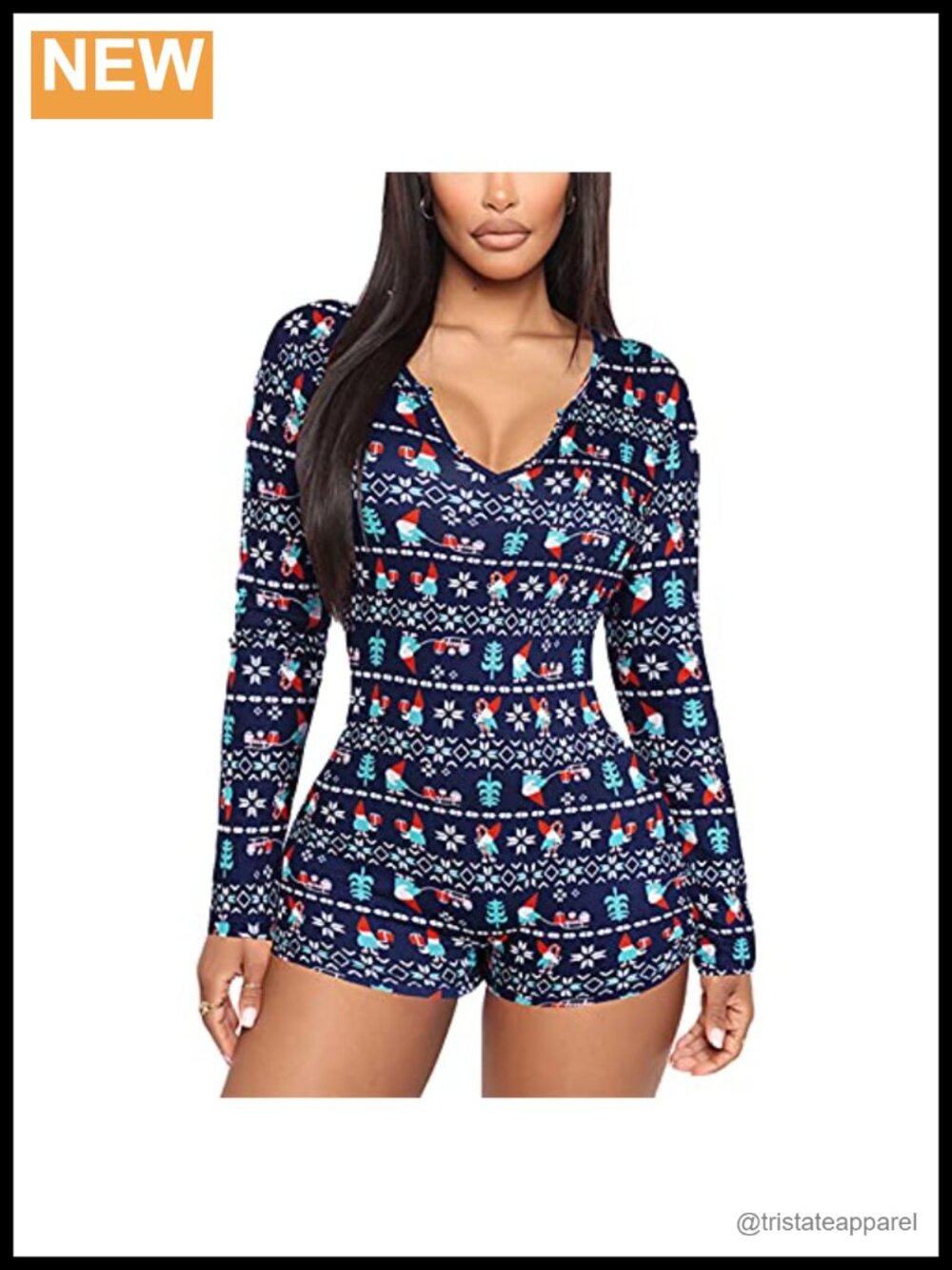 Christmas Print Long Sleeve V-Neck Bodycon Romper One Piece Pajama